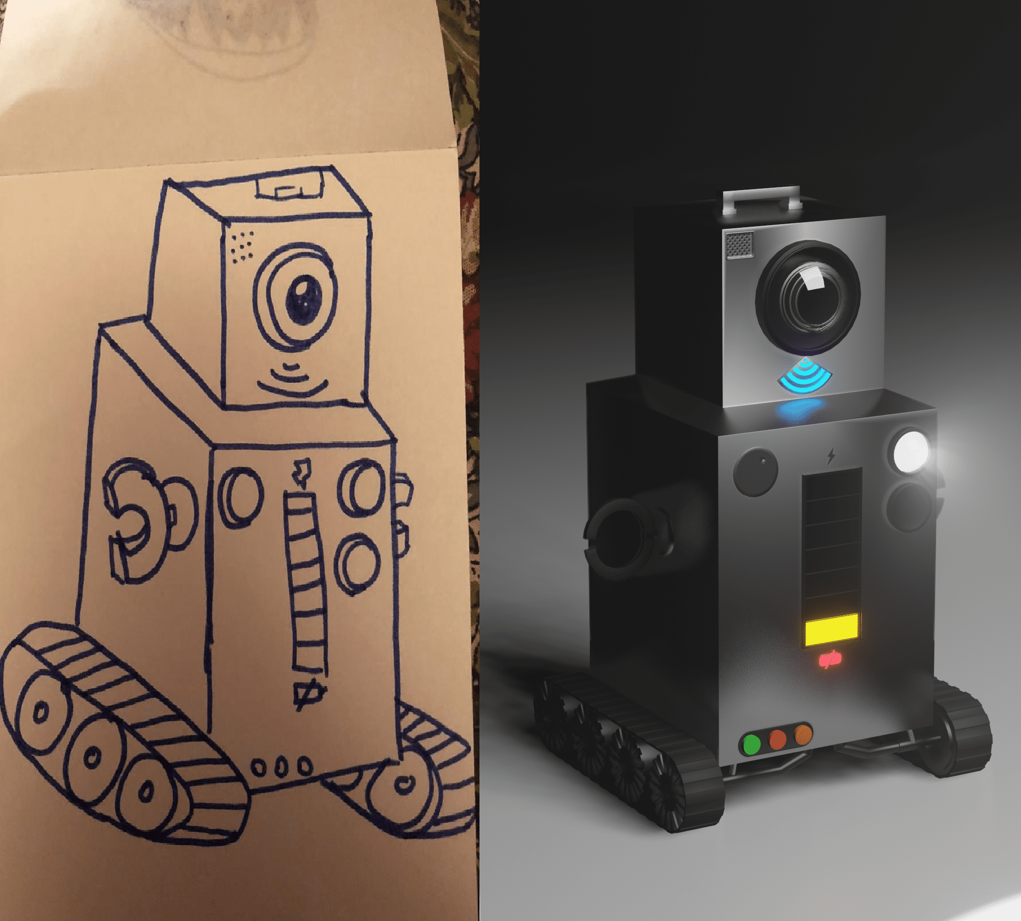 on the left, a cute drawing of a rectangular cycloptic robot, on the right, a 3D render version of the same drawing